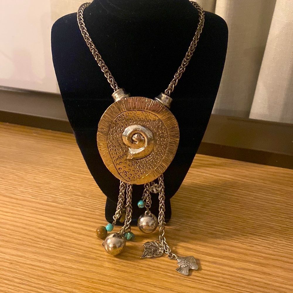 Tribal jewellery| vintage tribal silver tone etched large disk dangle necklace
